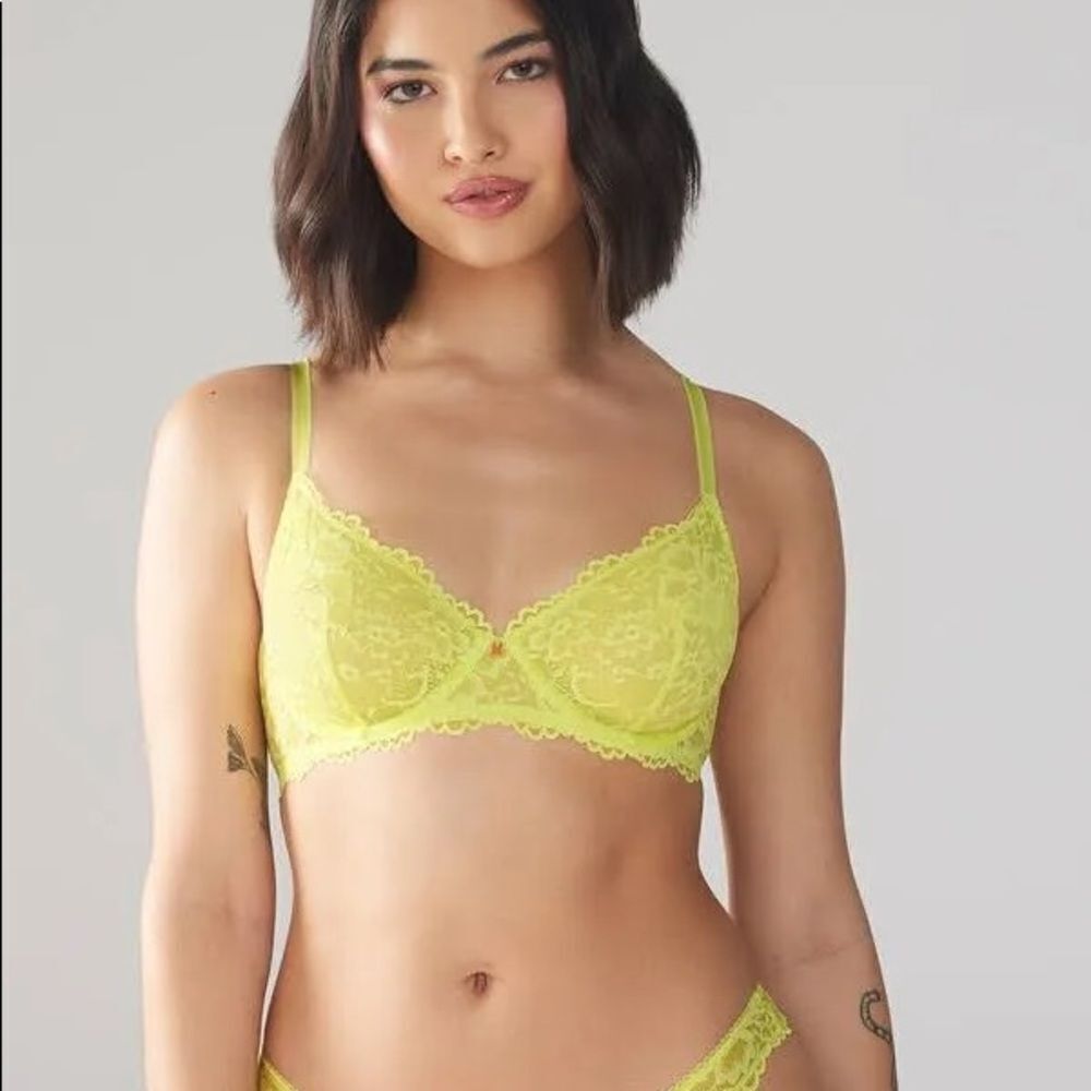 SAVAGE FENTY New Floral lace Unlined bra 32DD bright yellow NWT in packaging‎